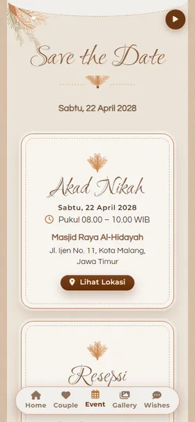 Detail acara undangan Boho Daun Kering